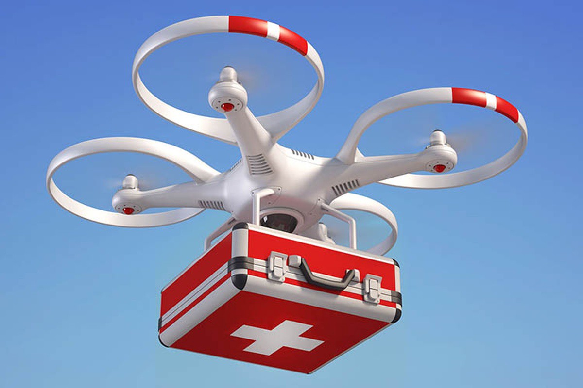 Picture of a red drone with health supplies